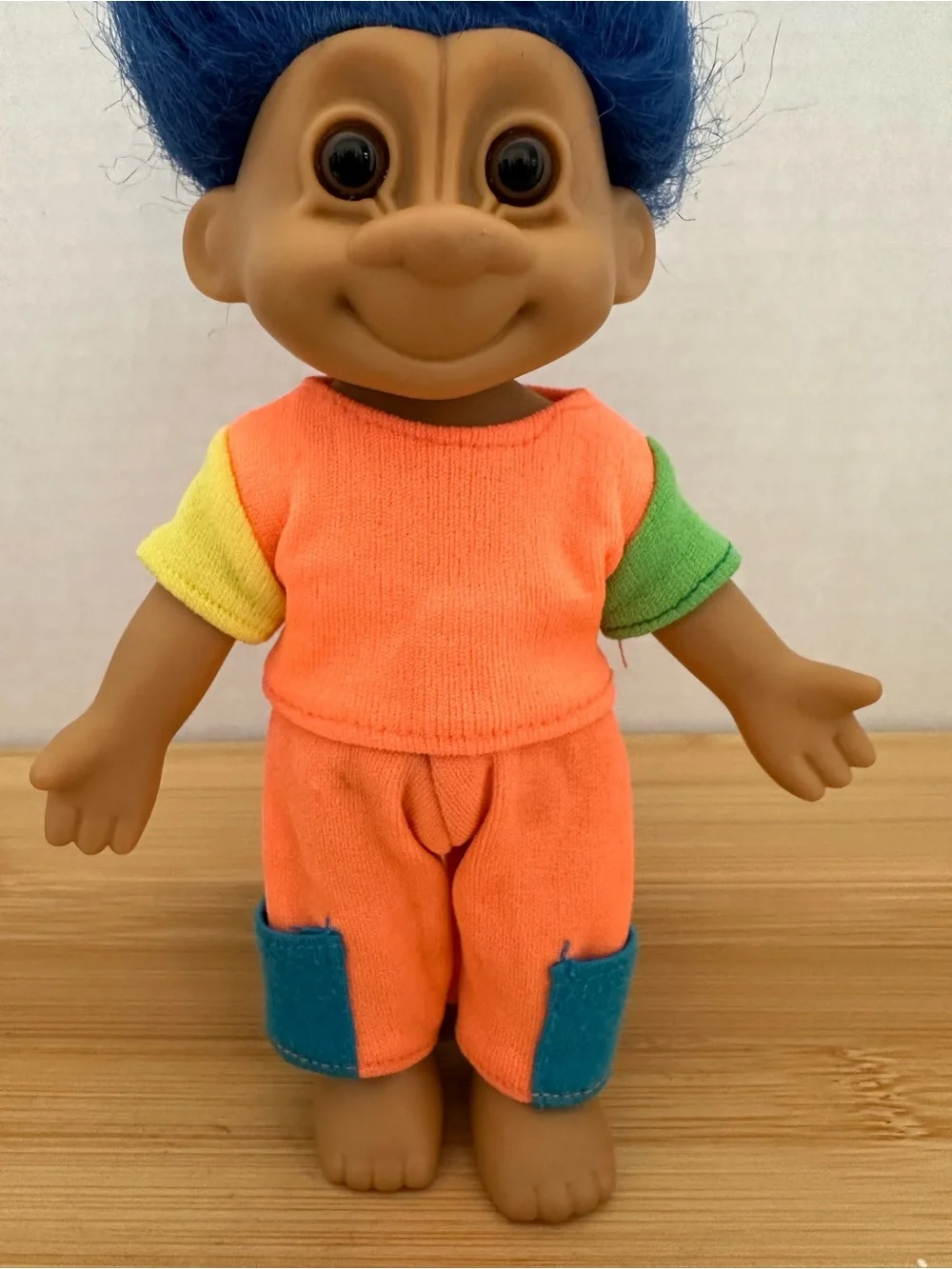 Vintage Russ Troll Doll with Blue Hair and Neon Orange Outfit 6.5” Tall #11